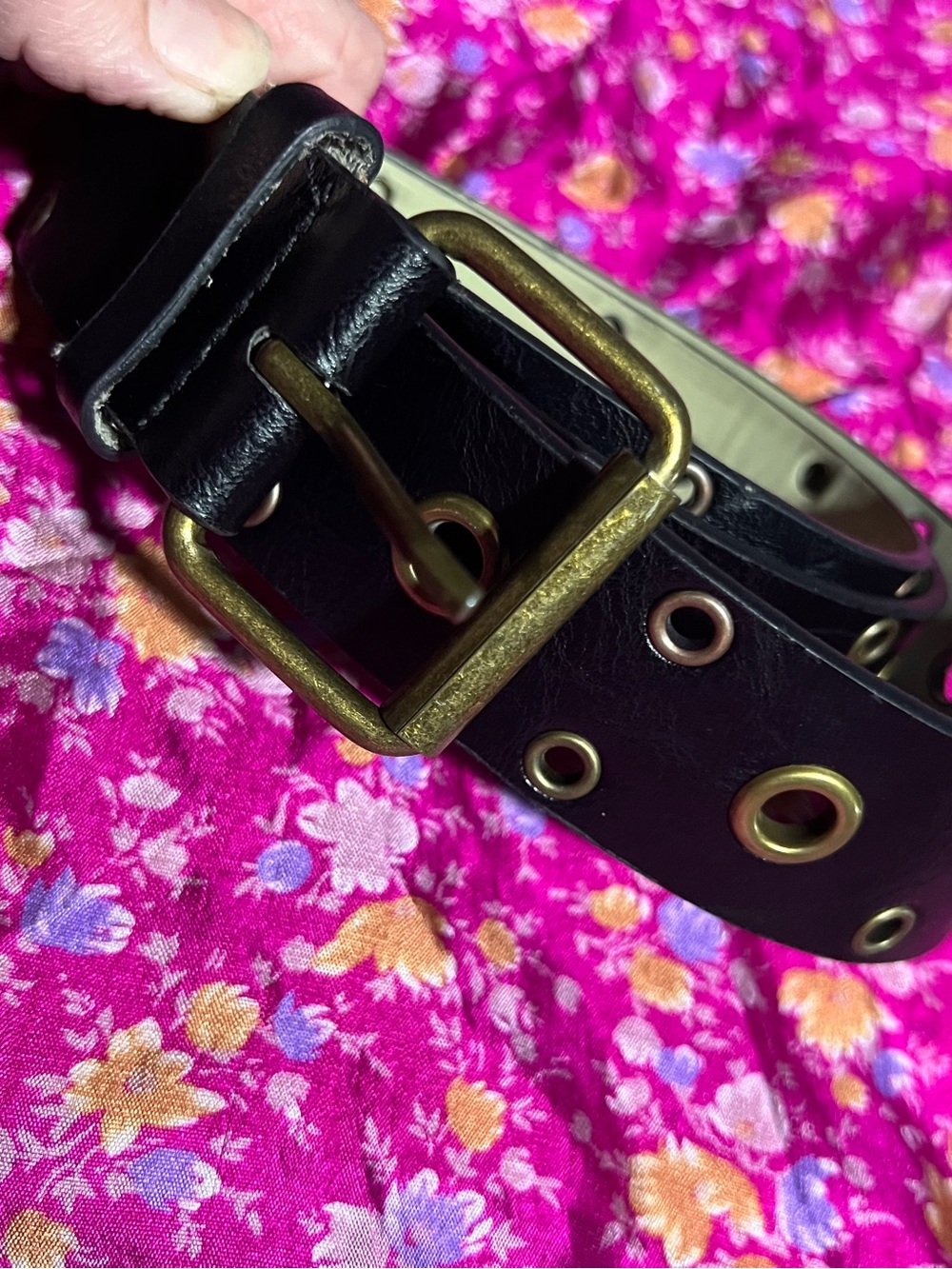 Source Unknown Black Faux-Leather Grommet Belt with Brass Buckle